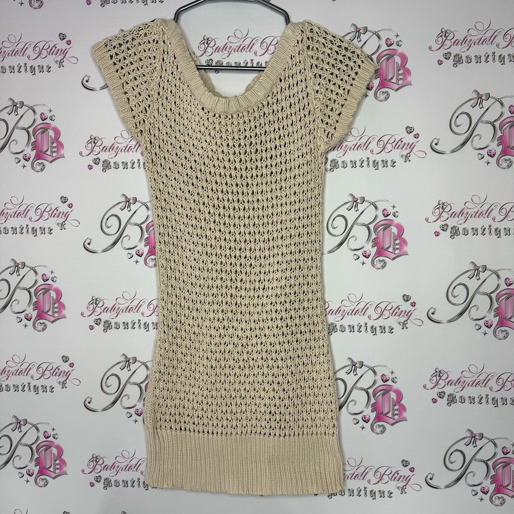 Dress crochet knit cream beige knitted tshirt beach coverup boho cute luxe